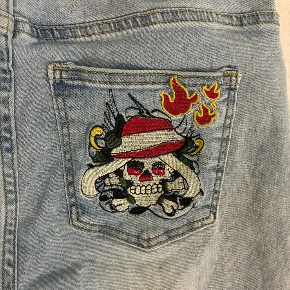 Bamboo Jeans Womens Size 13 Wide Leg Embroidered Skull Flames Hardy Festival
